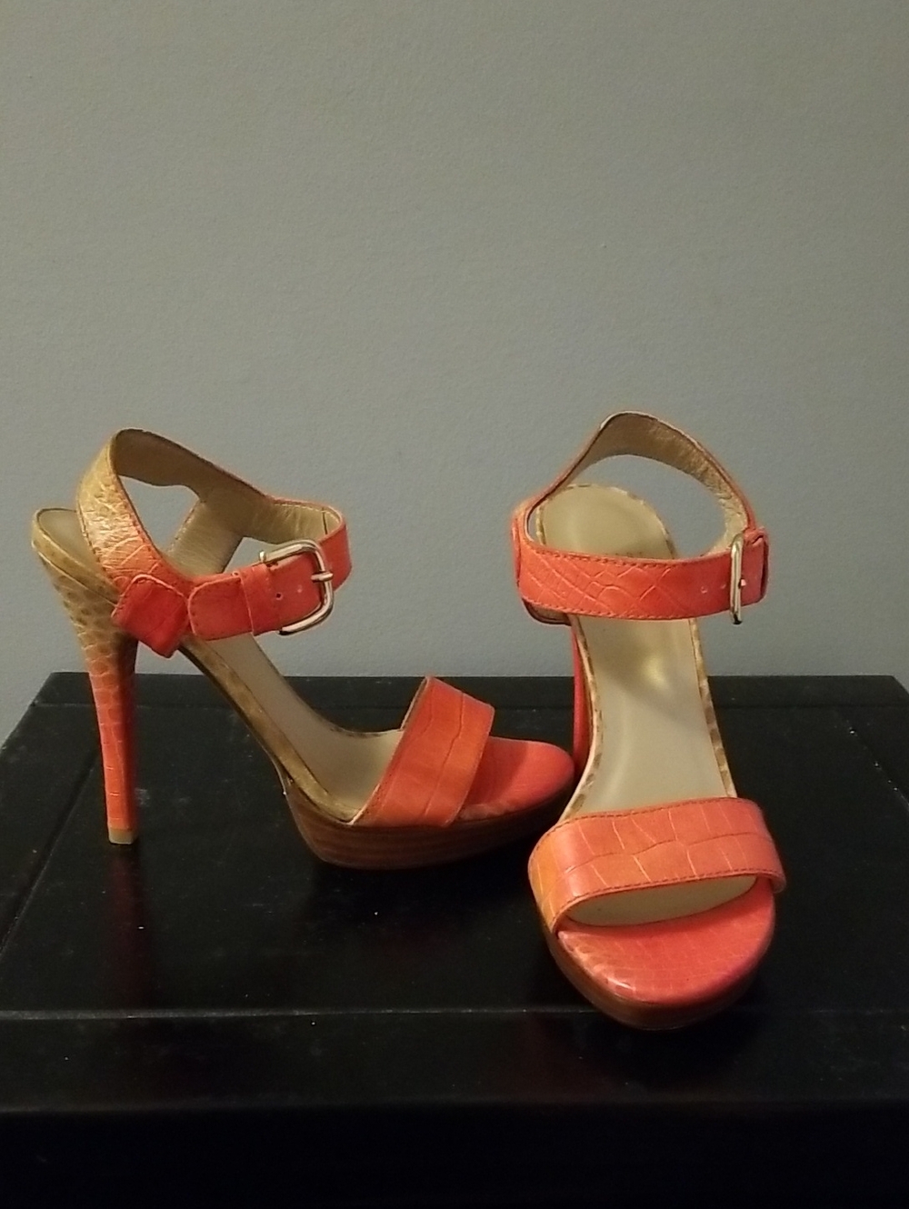 Stuart Weitzman Orange Croc-Embossed Ankle-Strap Sandals